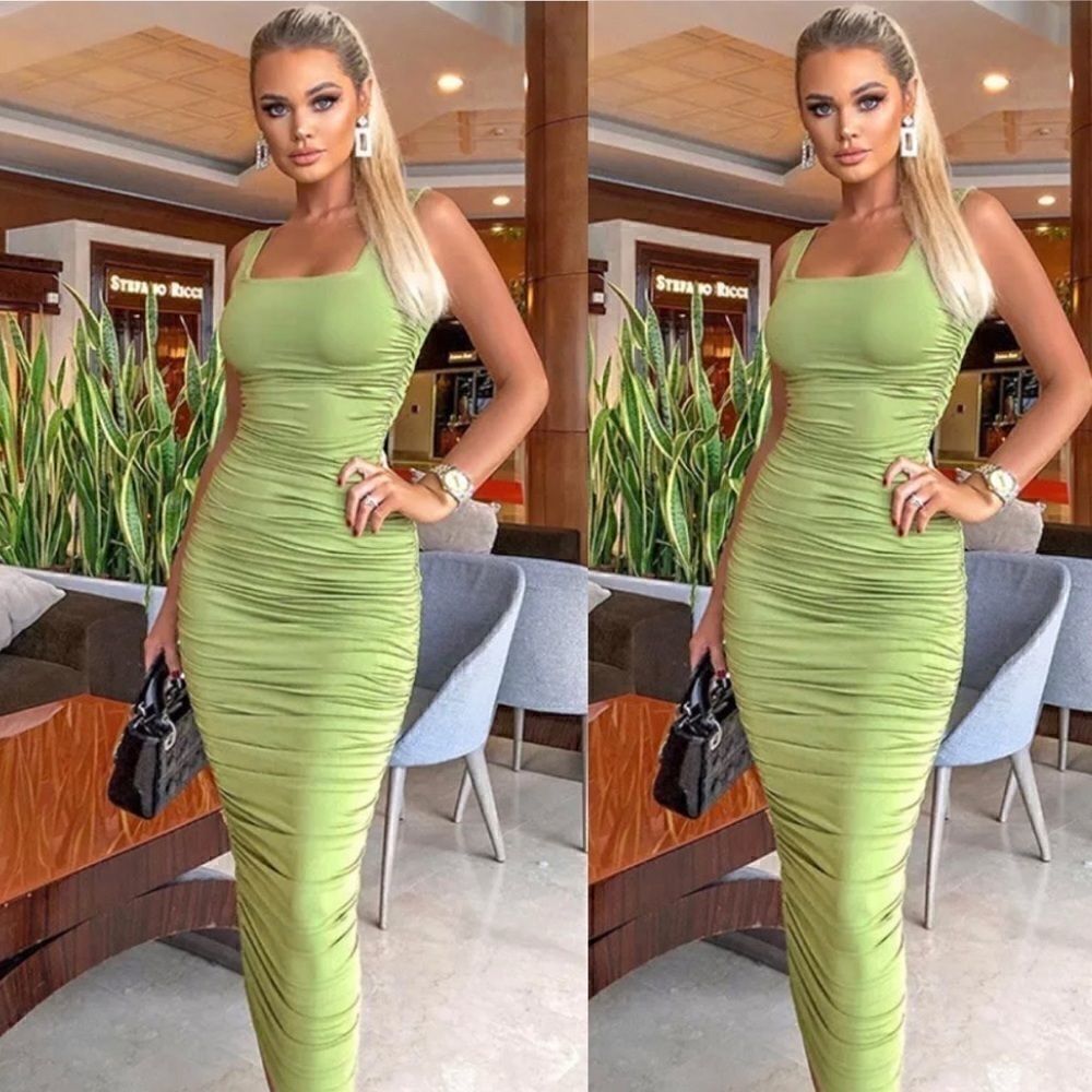 Lime Color Runched Dress 